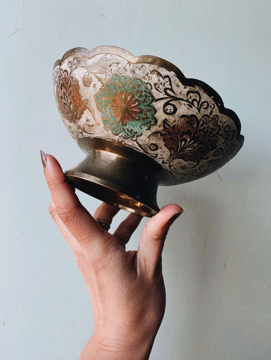 Vintage Floral Relief Enamel Painted Brass Dish