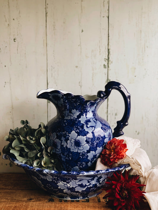 Large Vintage Cobalt Blue Floral Jug & Bowl (UK SHIPPING ONLY VERY HEAVY)