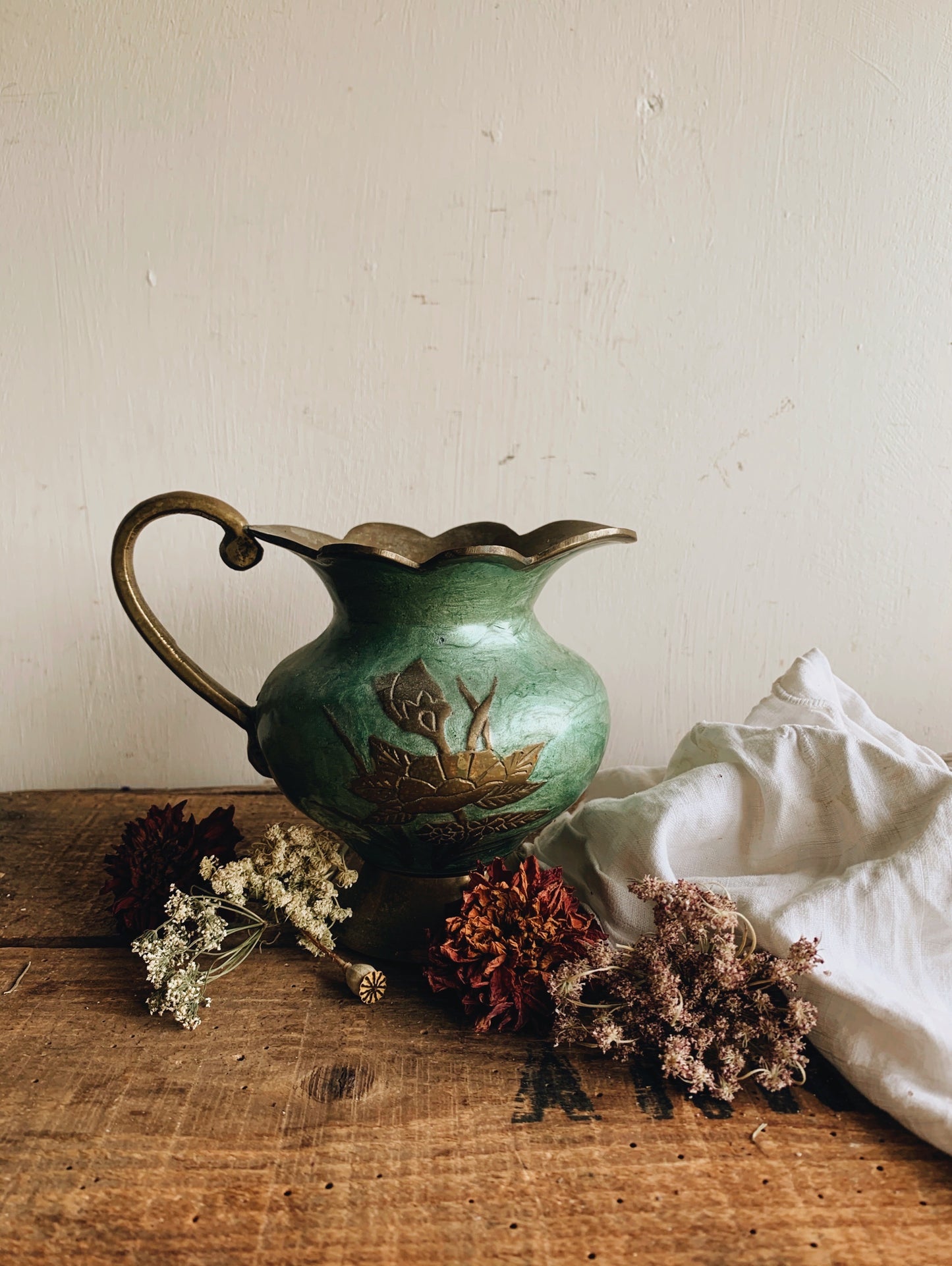 Vintage Floral Brass Emanuel Scalloped Jug / Vase