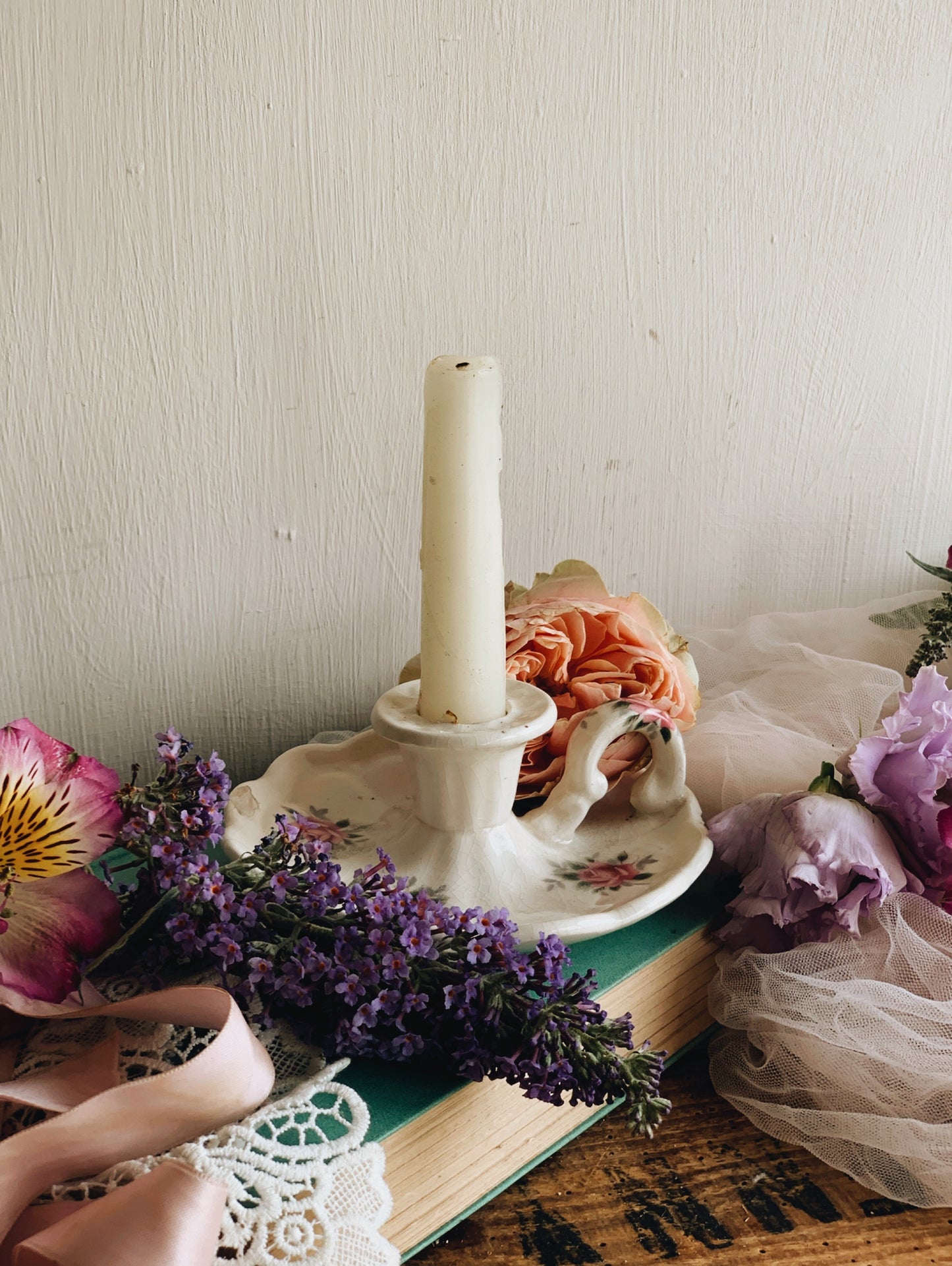 Antique Rose Ceramic Candle Holder (rustic condition)