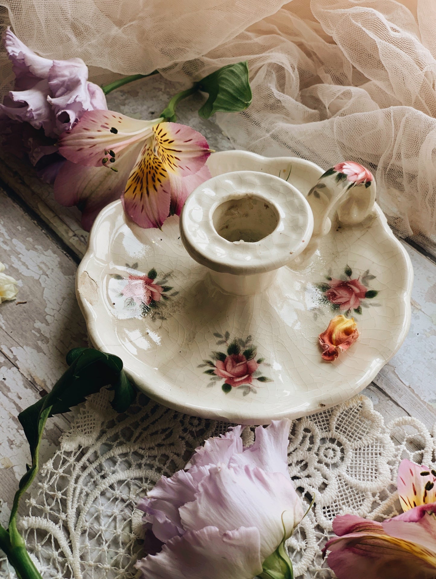 Antique Rose Ceramic Candle Holder (rustic condition)