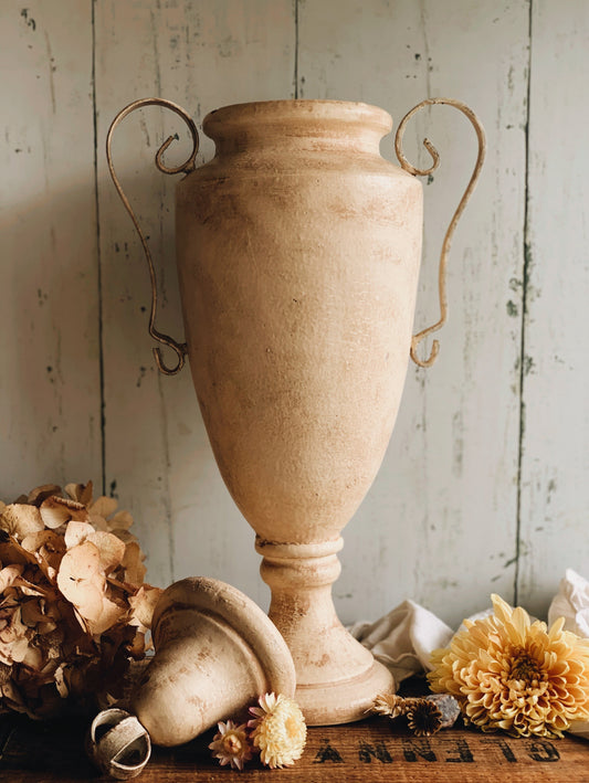 Large (heavy) Vintage Terracotta Urn with Metal Patina Detailing Handles (UK SHIPPING ONLY)
