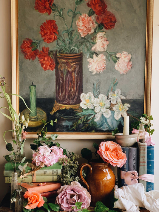 Large Vintage Carnation Flower, Candle Still-life Painting Framed (UK SHIPPING only)