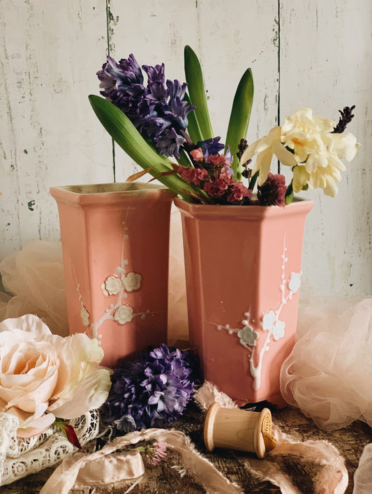 Two Vintage Pink Blossom Vases