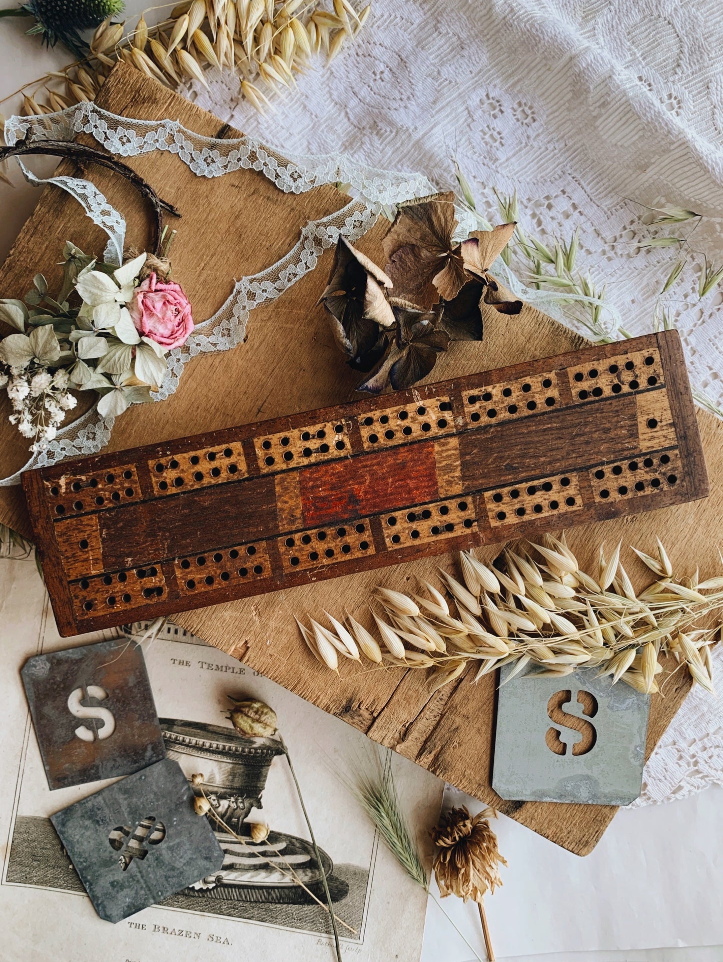 Antique Wooden Cribbage Board