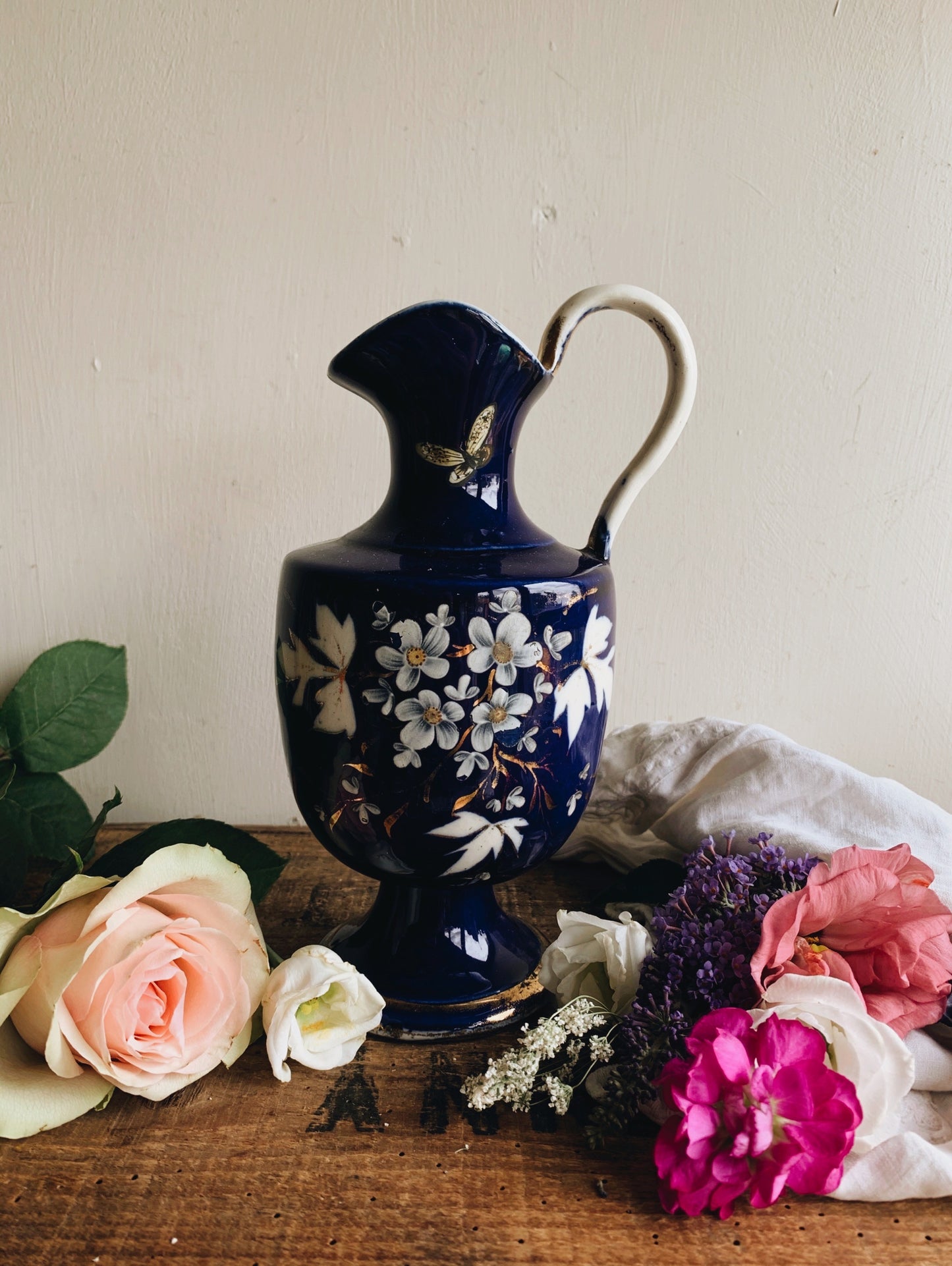 Antique Blue Floral Gilt Vase