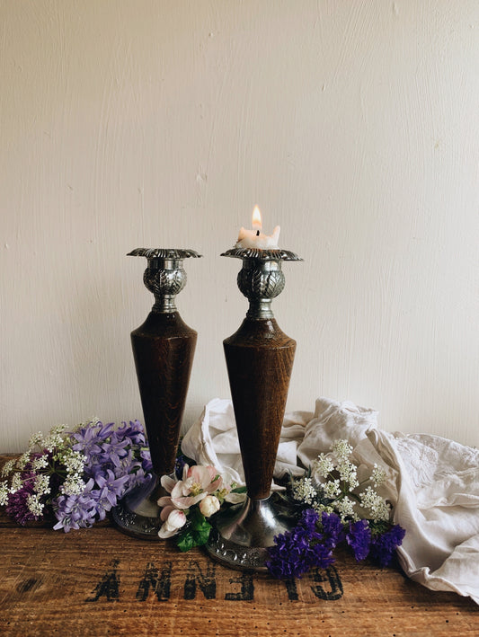 Two Vintage Wooden Silver Decorative Candle Sticks