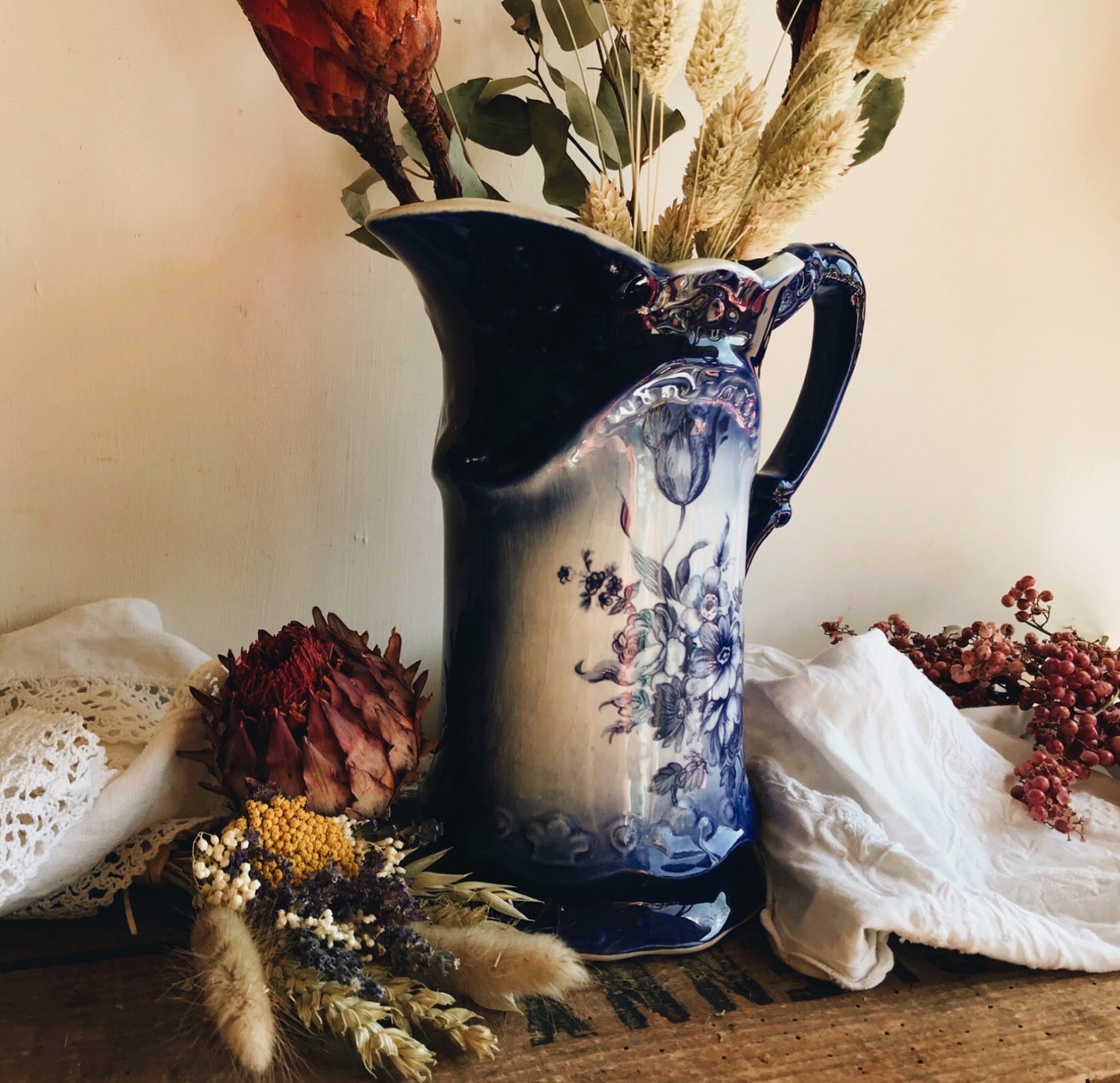 Antique Blue Roses Staffordshire Ironstone Vase / Jug
