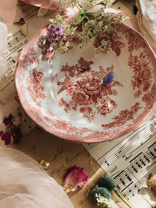 Vintage Pink Ironstone Floral Bird Bowl (three available)