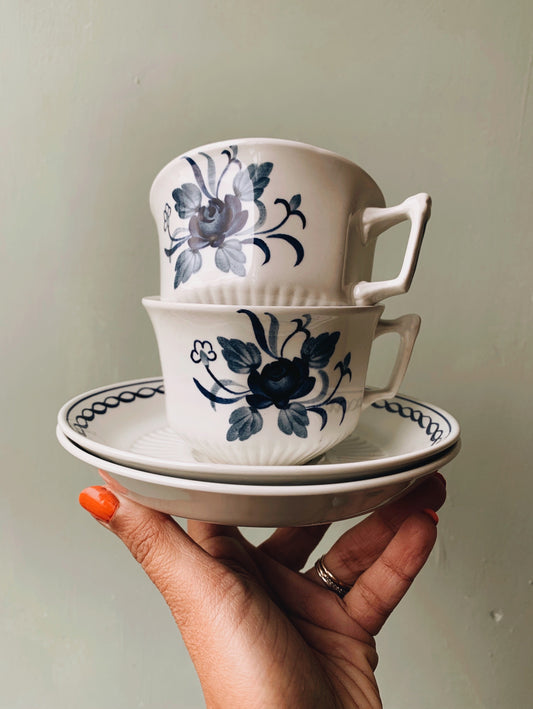 A Set of Vintage Ironstone Blue Rose Cup & Saucer with Scalloped Detailing ( six sets available)