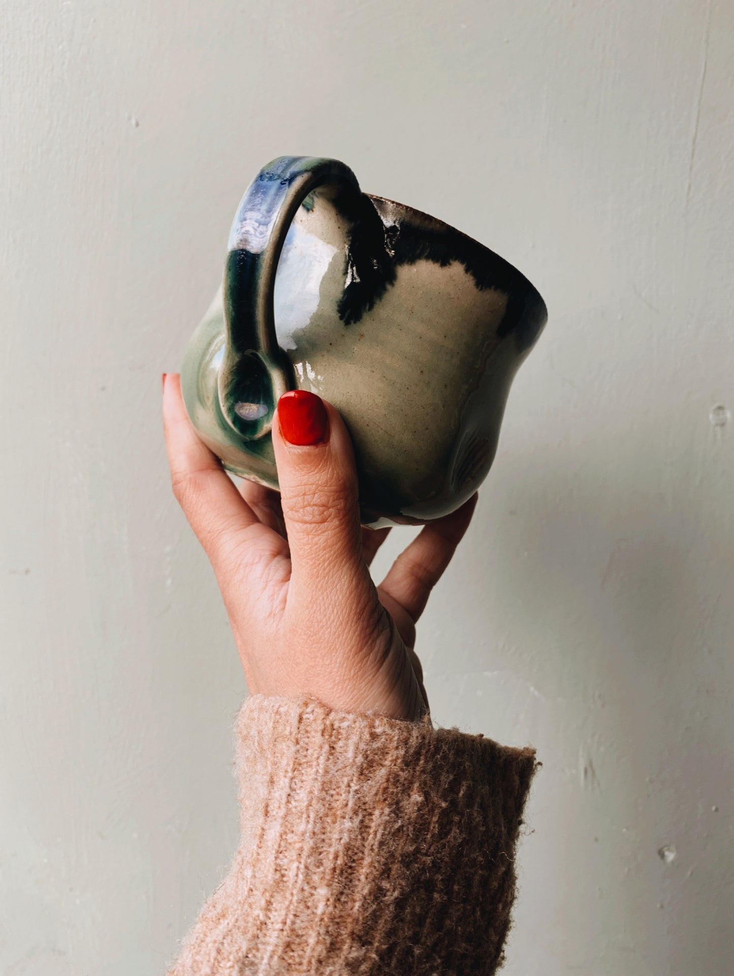 Rustic Hand~thrown Green Blue Drip Glaze