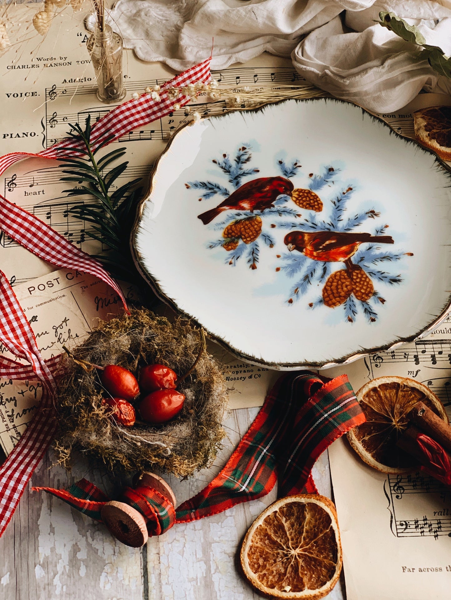 Vintage Winter Birds Plate with Gilt Detailing
