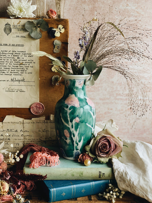 Vintage Green & Pink Floral Oriental Vase