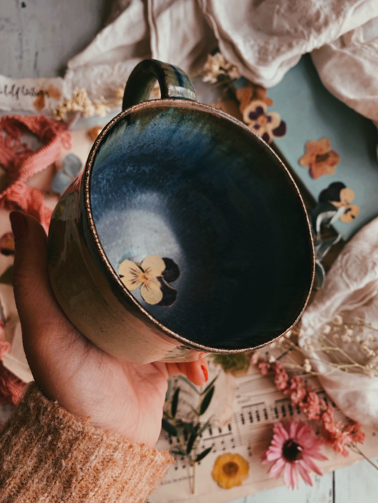 Rustic Hand~thrown Green Blue Drip Glaze