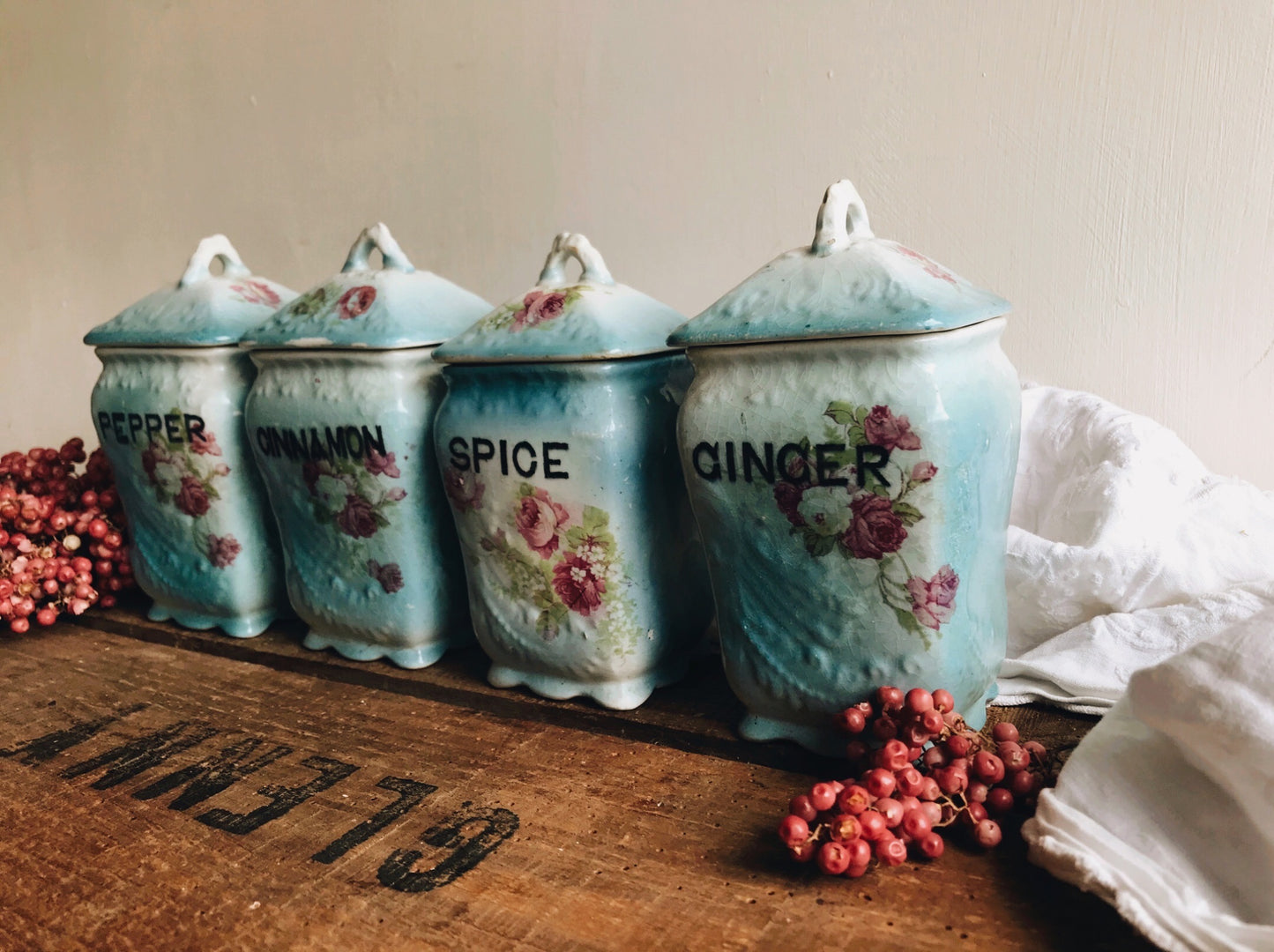 Antique Blue Floral Ceramic Storage Pots
