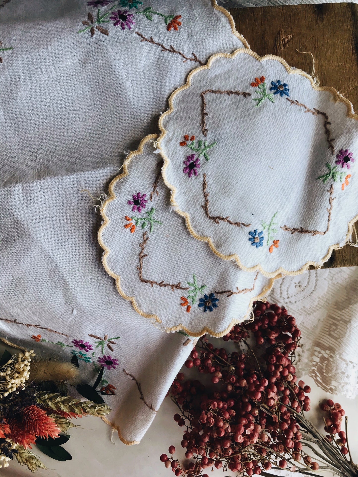 Rustic French Set of Hand~embroidery Floral Linens
