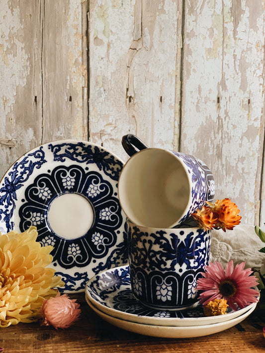 A Set of Antique Hand~engraved Blue & White Decorative Cup & Saucer (two available)