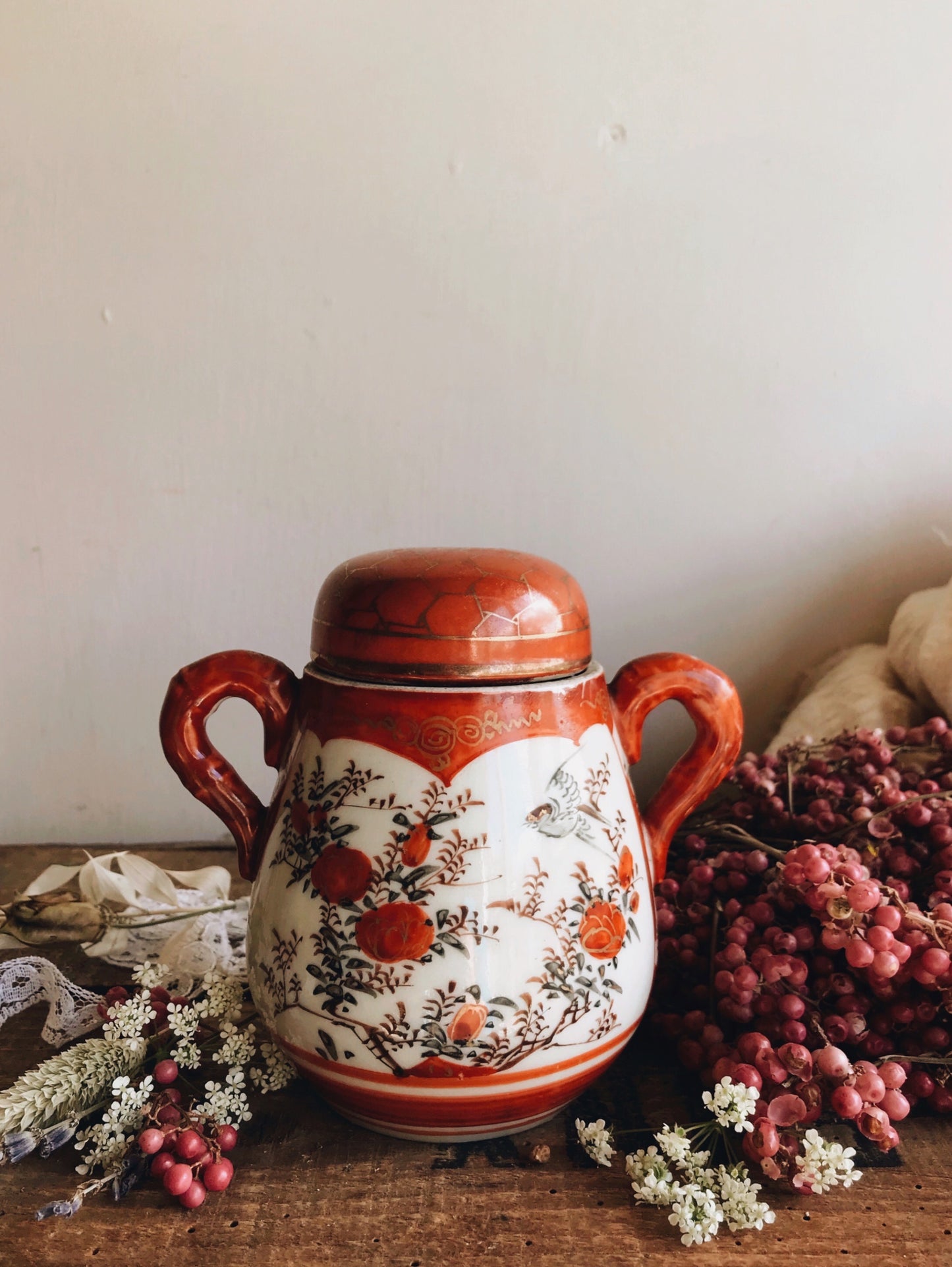 Vintage Orange Oriental Ginger Jar with Decorative Narrative