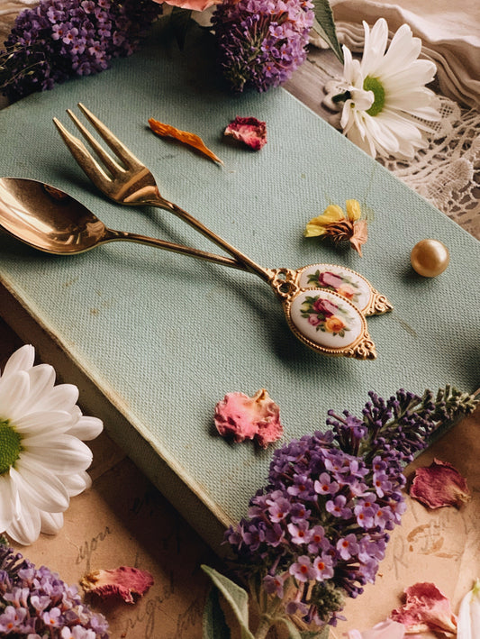 Vintage Dessert Spoon & Fork adorned with Roses