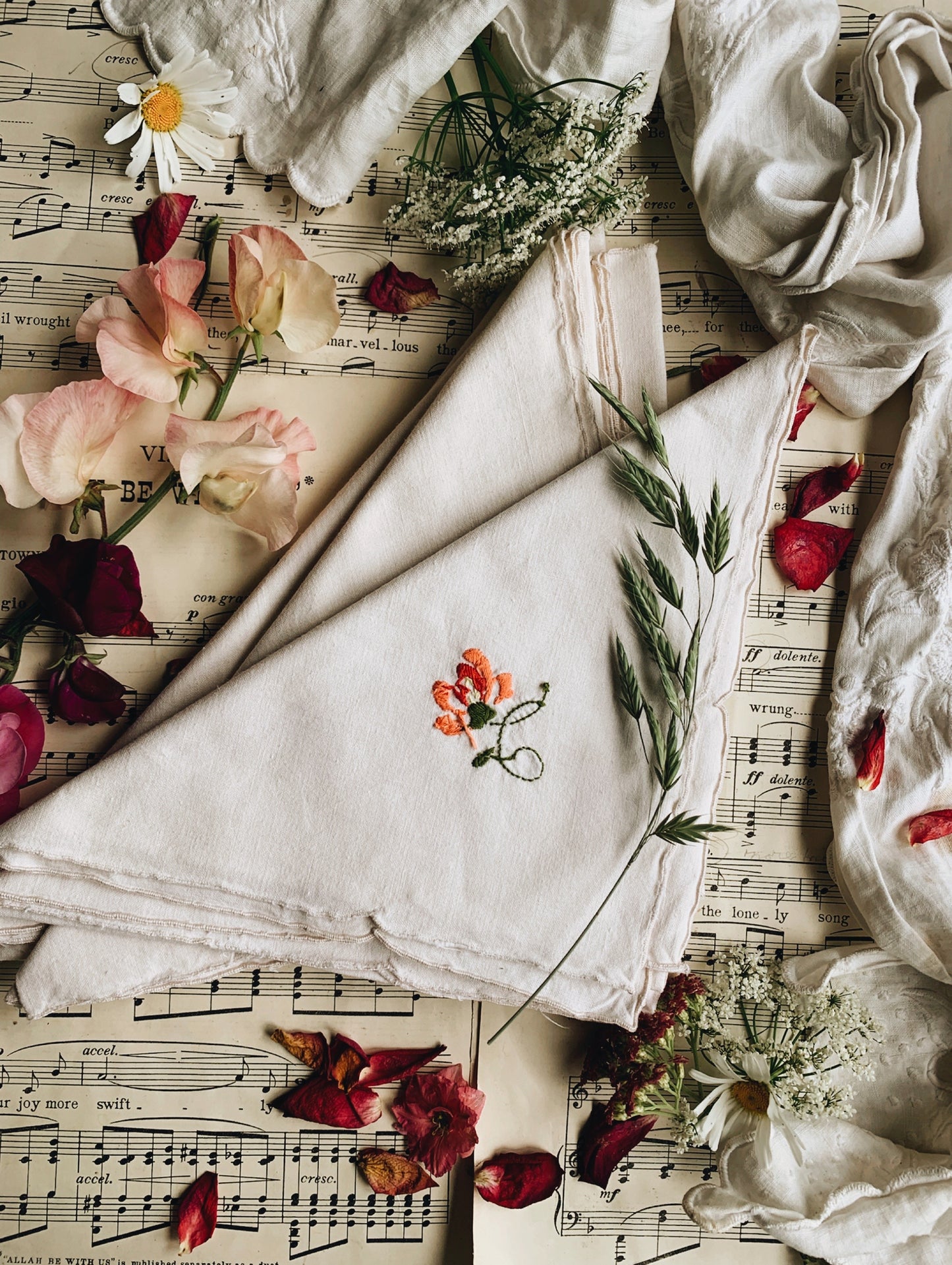 Six Vintage French Floral Hand~embroidery Napkins