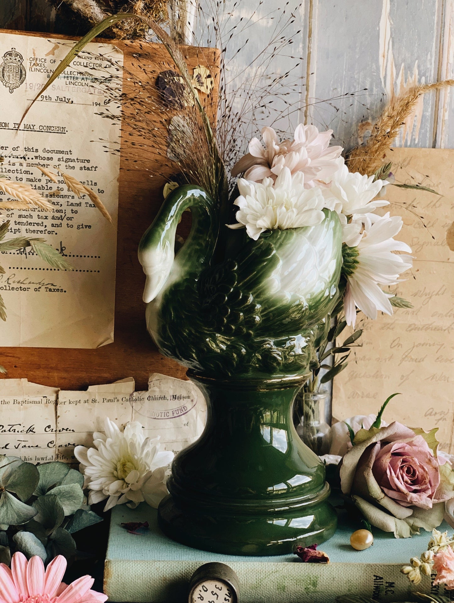 Antique Swan Green Vase with Gilt Detailing