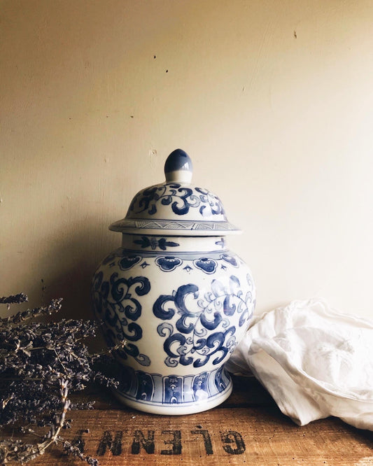 Large Vintage Blue Decorative Ceramic Pot with Lid