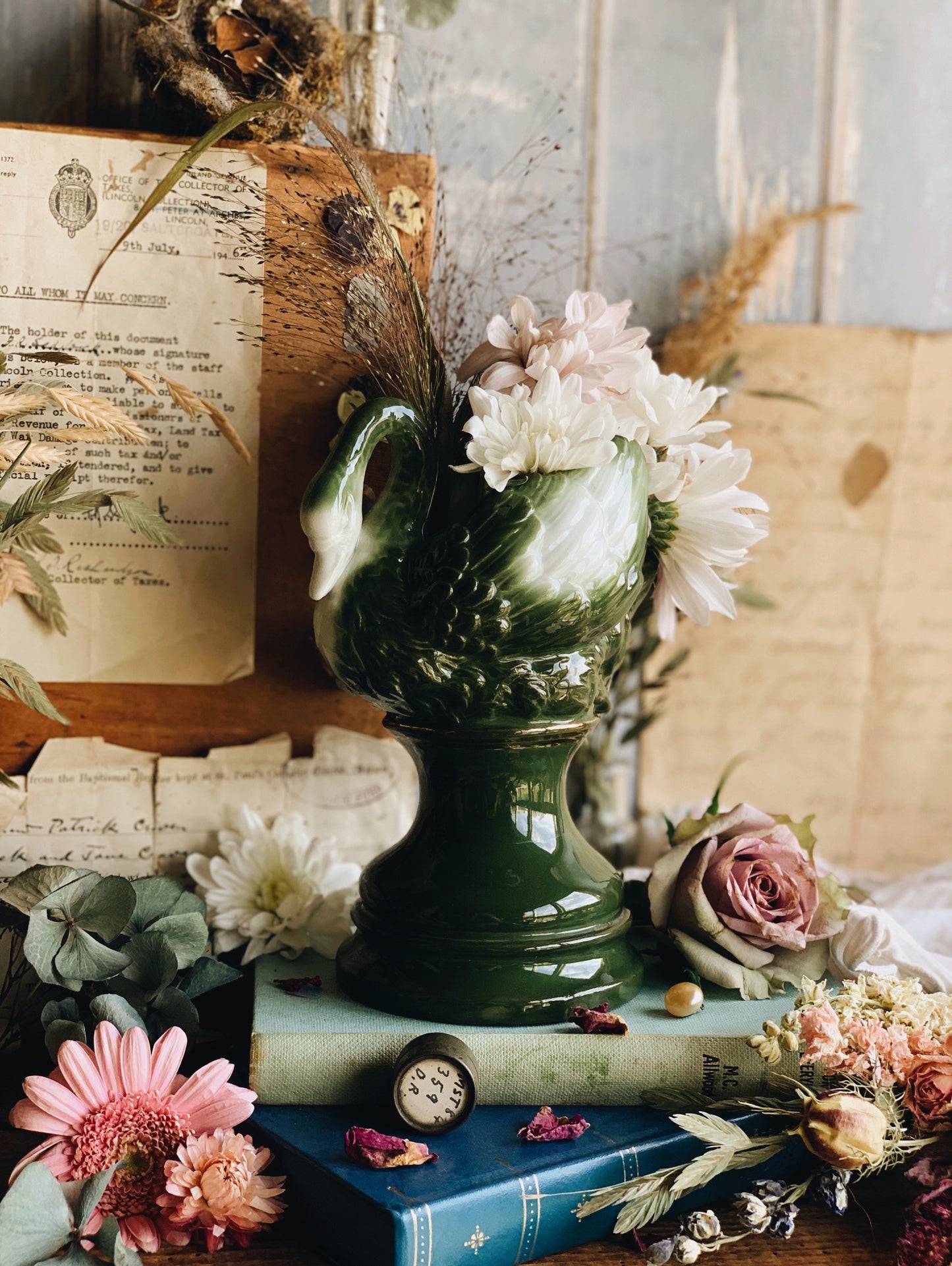 Antique Swan Green Vase with Gilt Detailing
