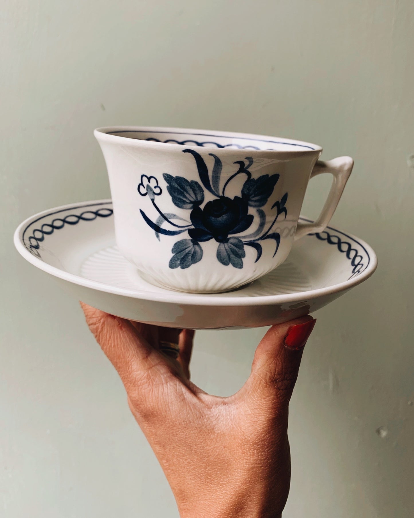 A Set of Vintage Ironstone Blue Rose Cup & Saucer with Scalloped Detailing ( six sets available)