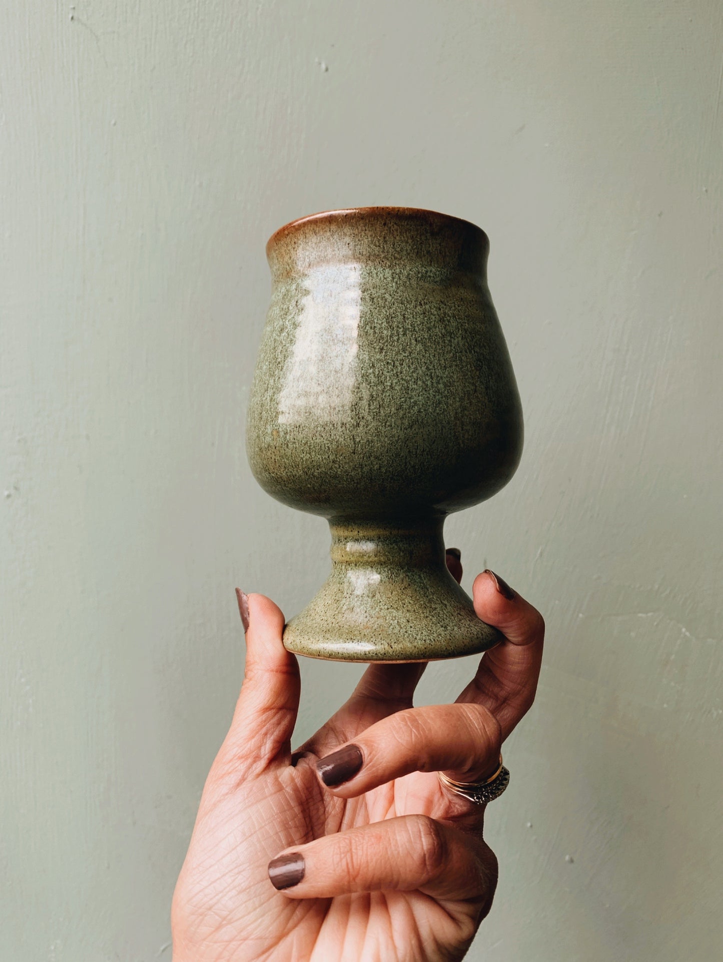 Rustic Hand~thrown Green Ceramic Goblet