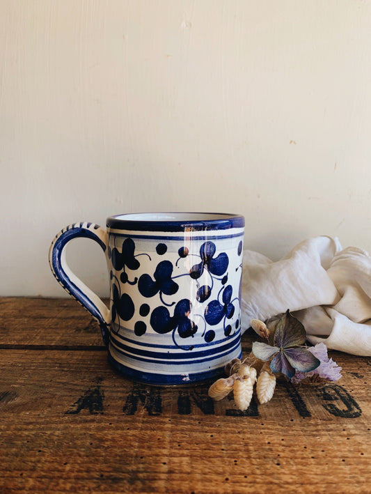 Rustic Hand~thrown Blue and White Floral Bird Cup