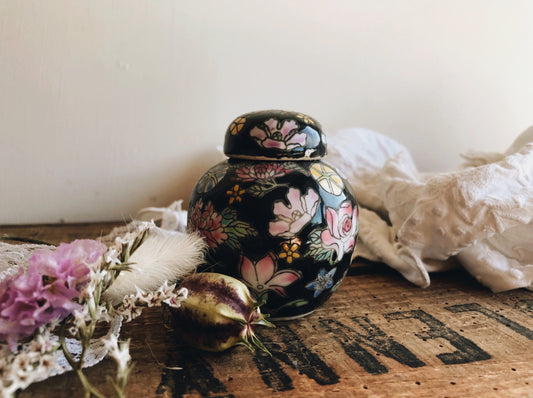 Vintage Black decorative Floral Ginger Jar