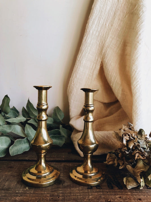 Two Vintage Brass Candle Holders - Stone & Sage 