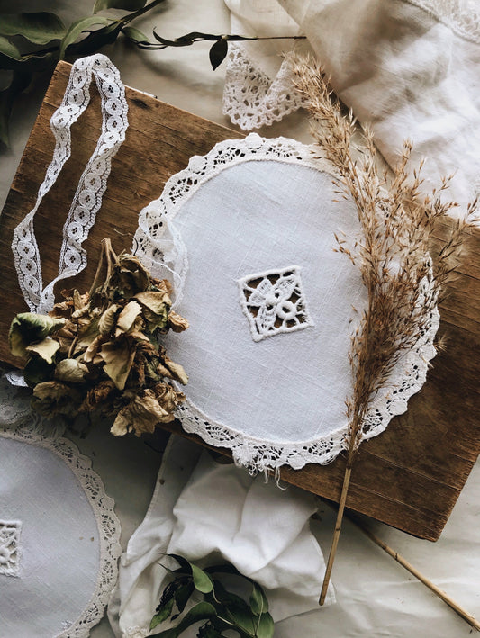 Two Vintage White Round Linens - Stone & Sage 