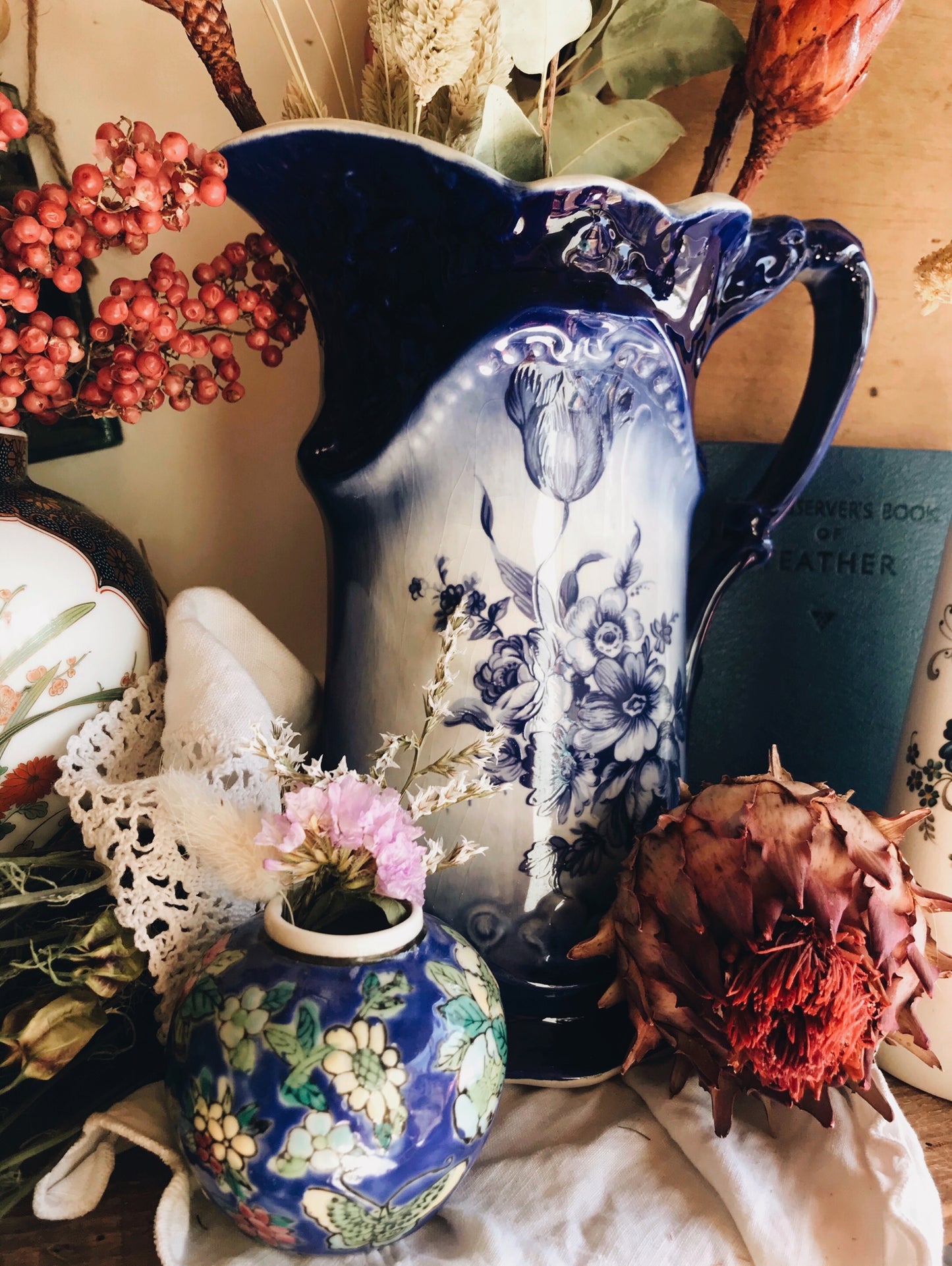 Antique Blue Roses Staffordshire Ironstone Vase / Jug