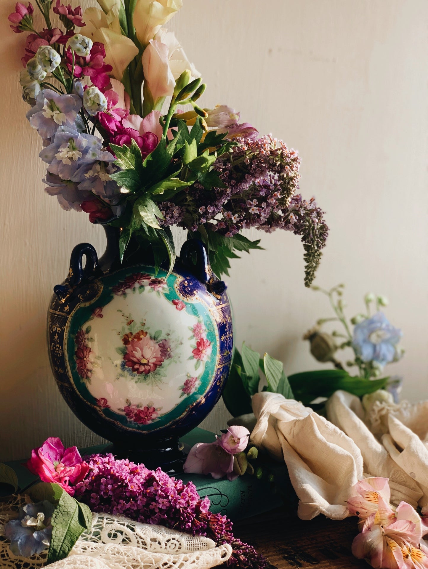 Antique Decorative Three Handled Vase with Gilt Detailing & Florals