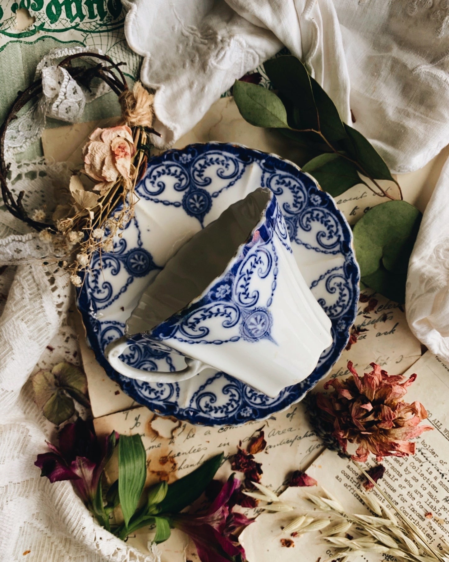 Antique Foley Victorian Blue & White Decorative Cup & Saucer