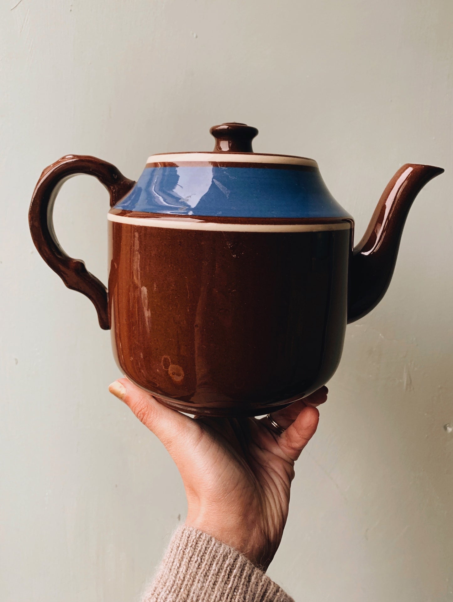 Vintage 1970’s Blue Trim Brown Betty Ceramic Teapot