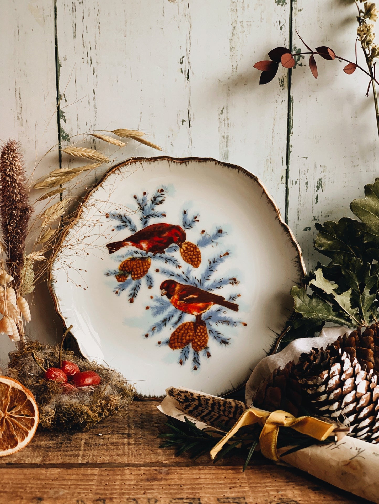 Vintage Winter Birds Plate with Gilt Detailing