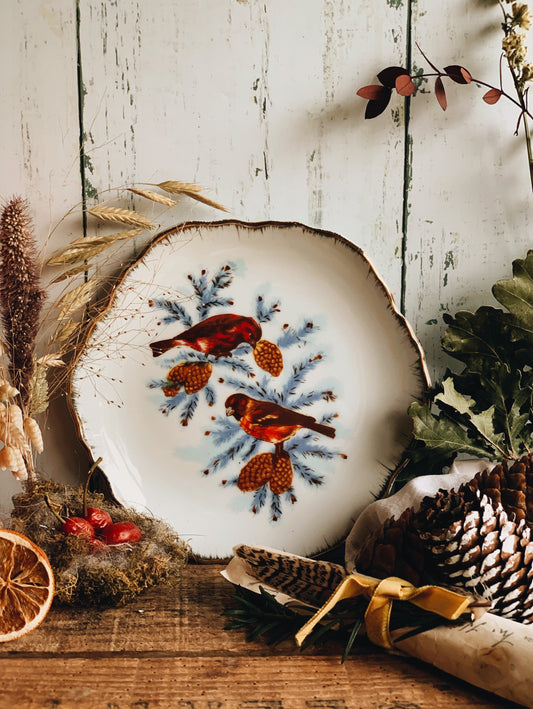 Vintage Winter Birds Plate with Gilt Detailing