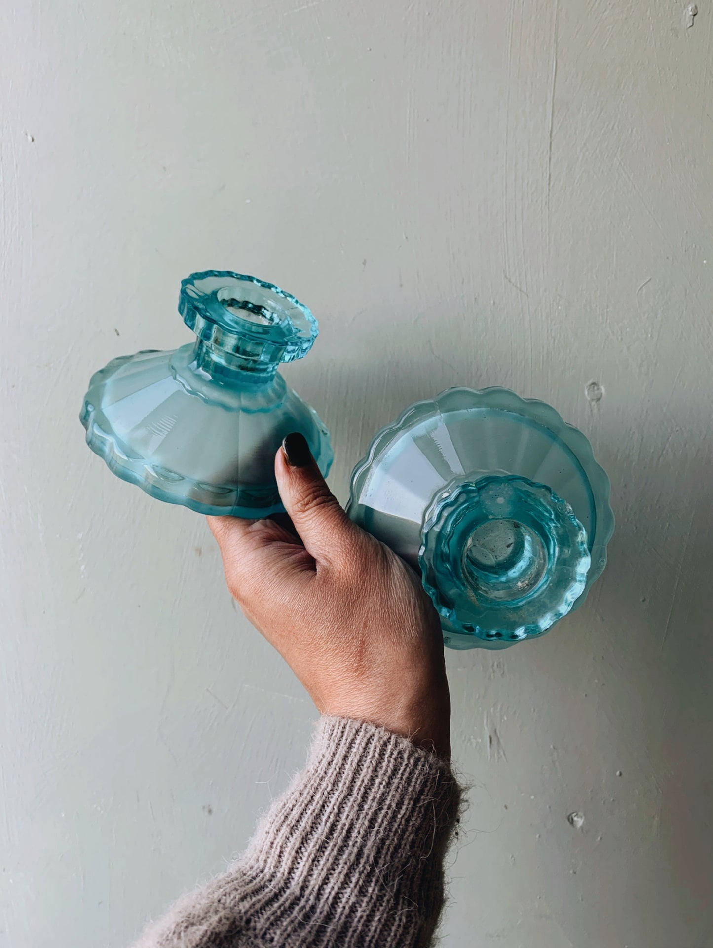 A Pair of Vintage Turquoise Glass Candle Holders