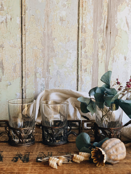 Four Antique Shot Tumblers ~ Adorned with Decorative Eagle Handles