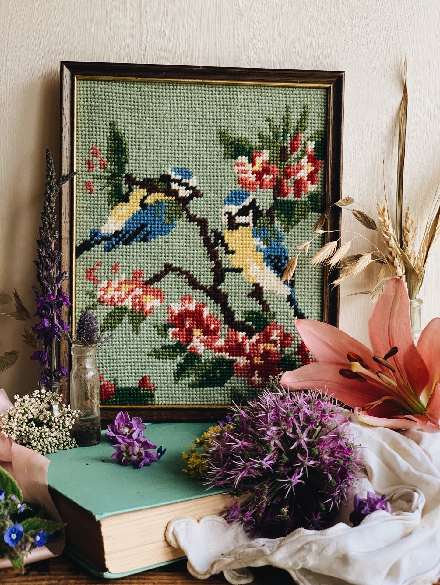 Vintage 1980’s Blue Tit Hand~embroidery Artwork