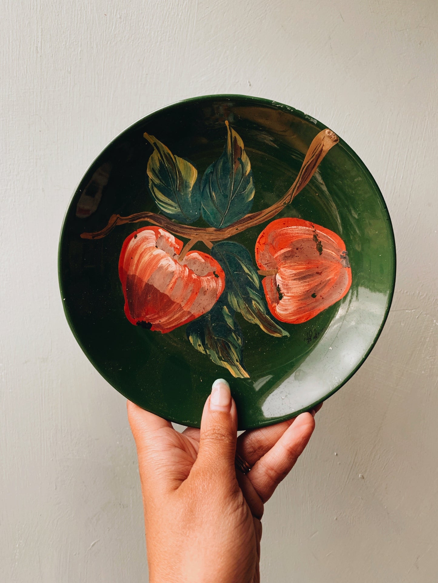 Two Vintage Rustic Hand~painted Apple & Pear Plates