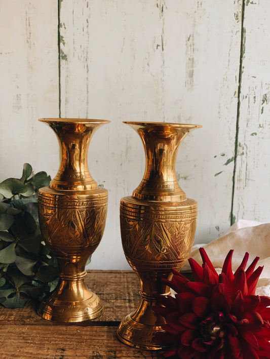 Two Vintage Decorative (etched) Brass Vases