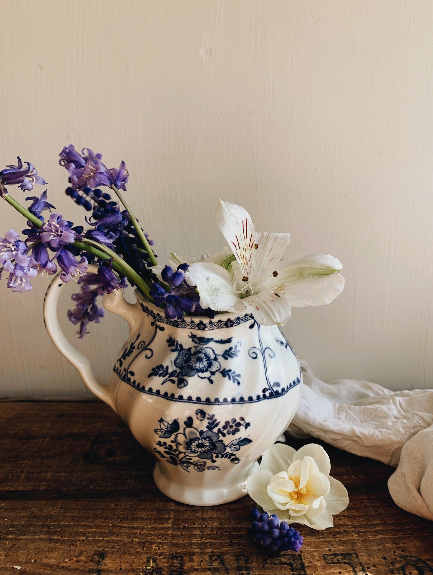 Vintage Floral Scalloped Blue and White Jug