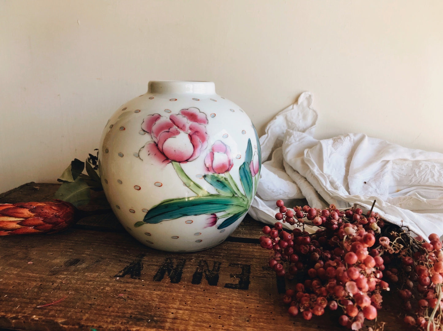 Vintage Hand~painted Pink Floral Ginger Jar