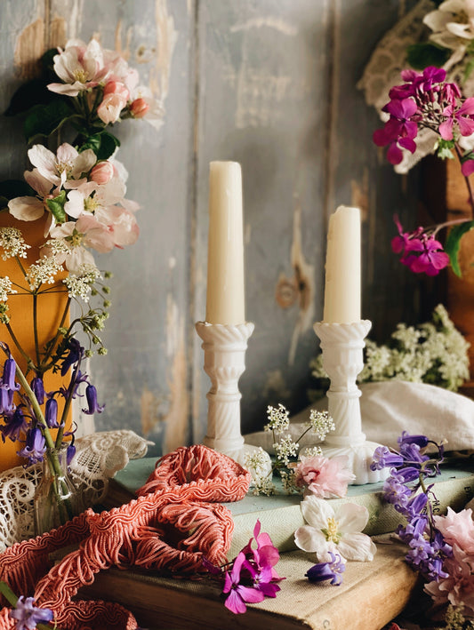 Vintage French Milk Glass Candle Sticks