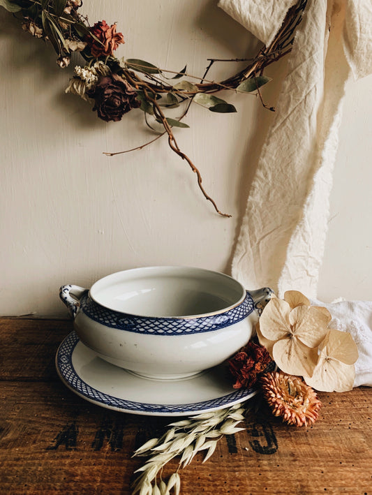 Antique Hand Engraved Blue, White & Gilt Detailing Dish & Plate