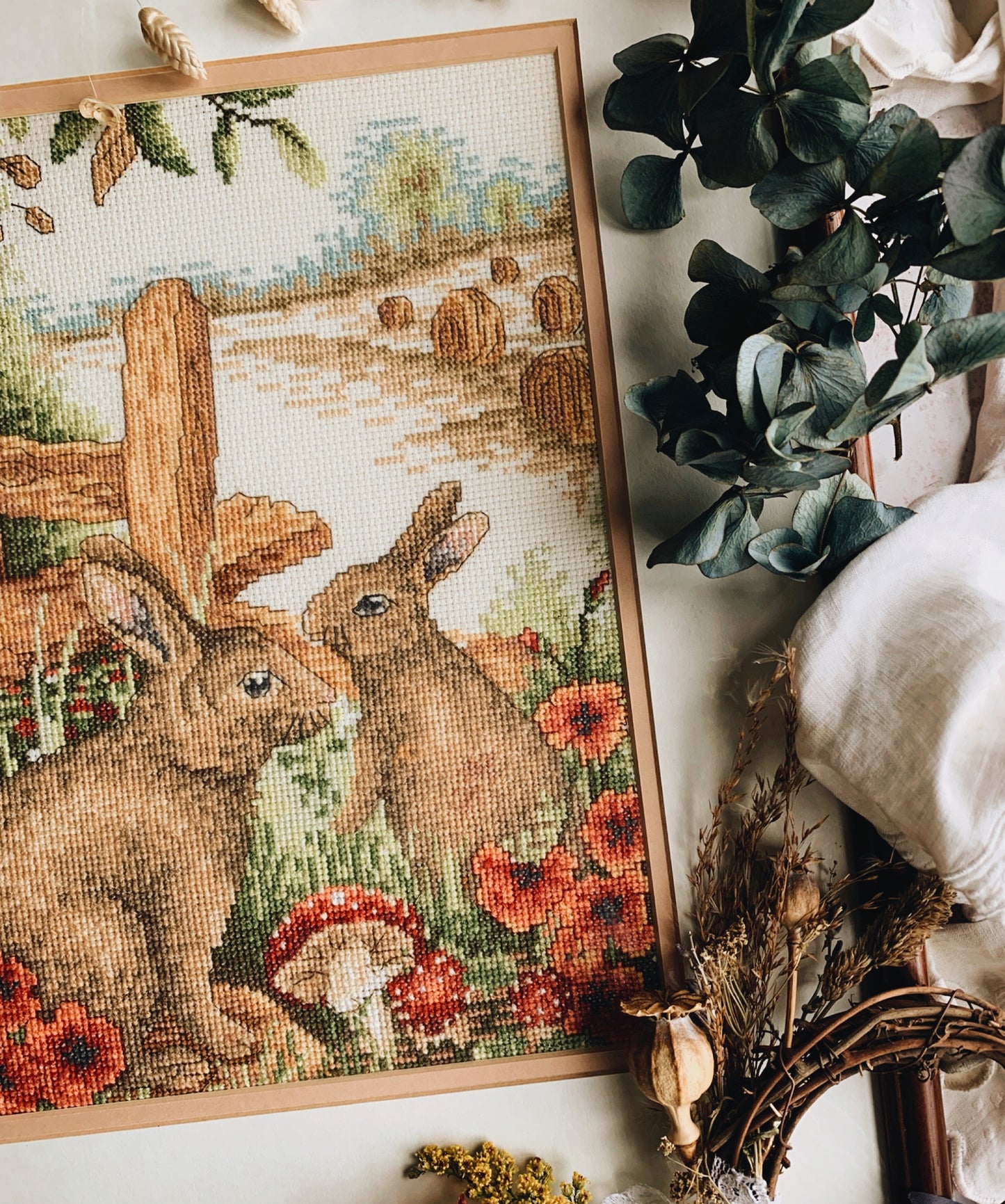 Large Vintage Rabbit Tapestry (needle point)  Framed (UK SHIPPING ONLY)
