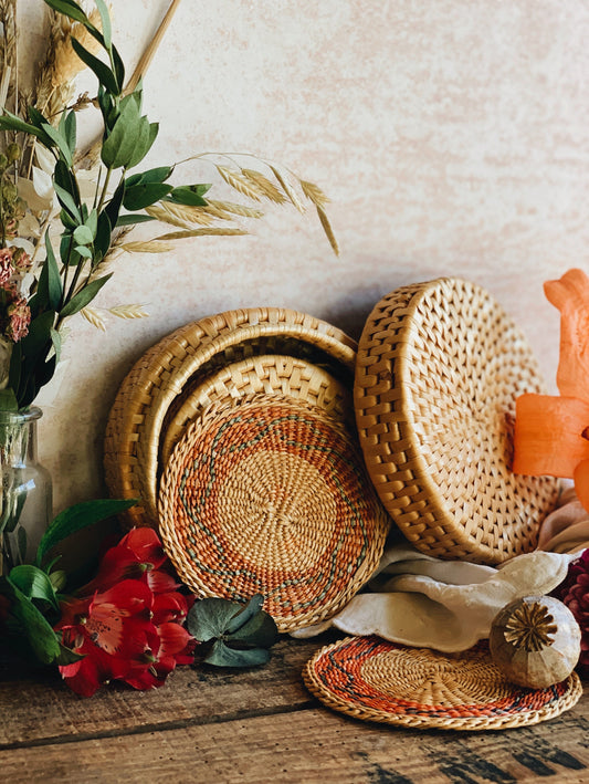 Six Preloved Rustic Wicker Coasters in Basket